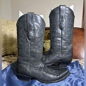 LOS ALTOS MEN BLACK TEJU LIZARD ROUND TOE WESTERN COWBOY BOOT Sz 8.5